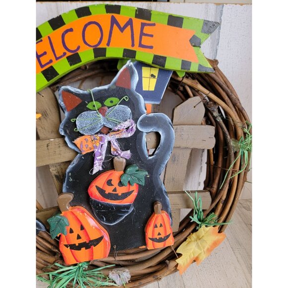Vintage cat wreath Halloween welcome hanging home decor - Picture 4 of 11